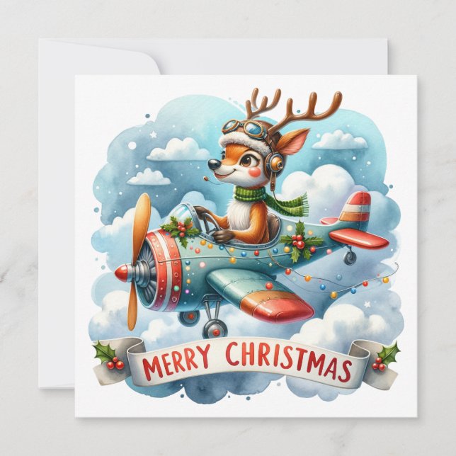 Reindeer Flying Airplane Christmas Greeting Card (Front)