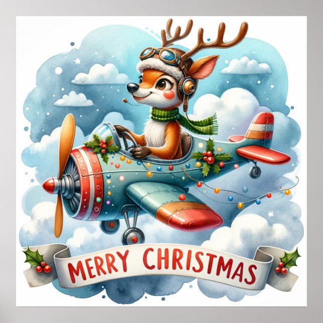 Reindeer Flying Airplane Poster (Front)