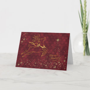 Reindeer Flying over Starry Christmas Tree Holiday Card