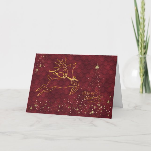 Reindeer Flying over Starry Christmas Tree Holiday Card (Front)
