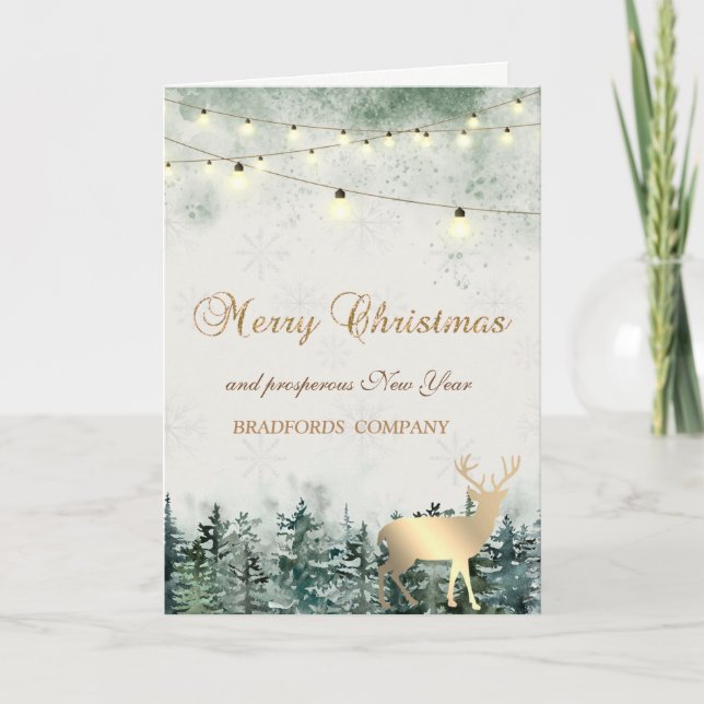 Reindeer,Forest,String Lights,Snowflakes Holiday Card (Front)