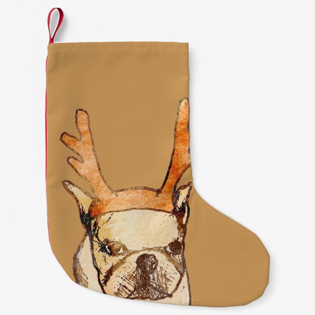 Reindeer Frenchie Small Christmas Stocking (Front)