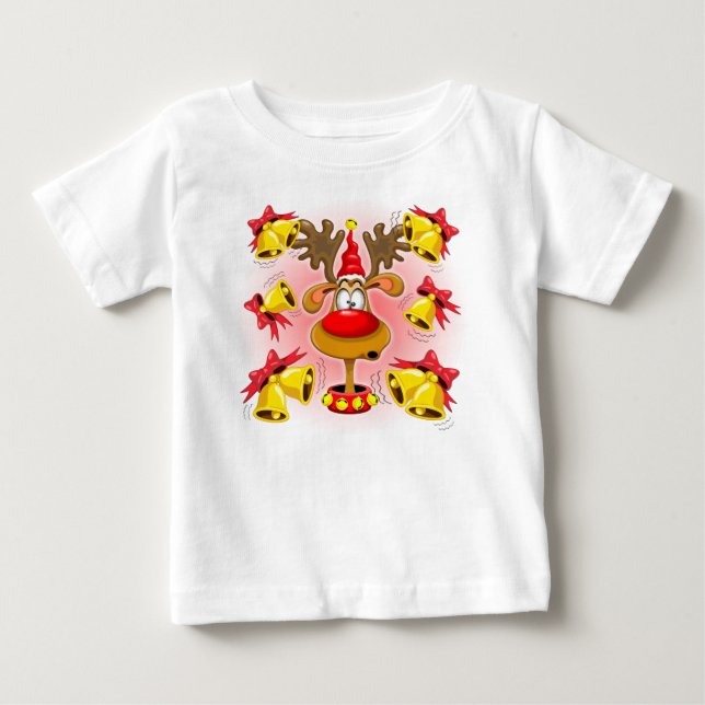 Reindeer Fun Christmas Cartoon with Bells Alarms Baby T-Shirt (Front)