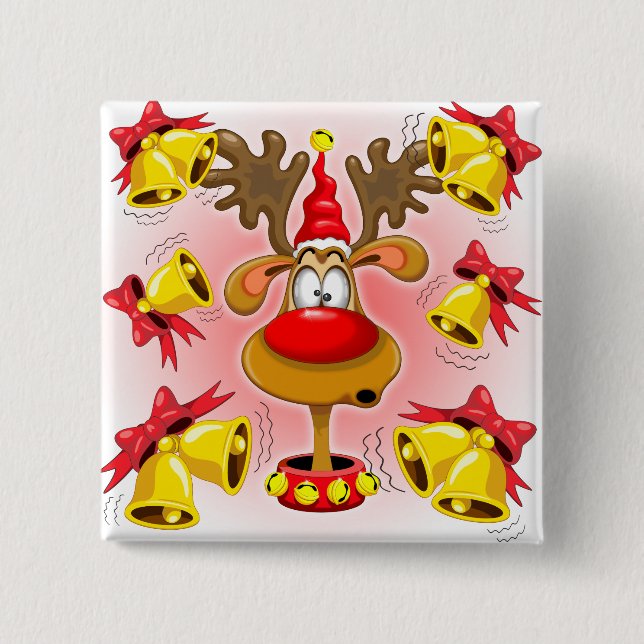 Reindeer Fun Christmas Cartoon with Bells Alarms Button (Front)