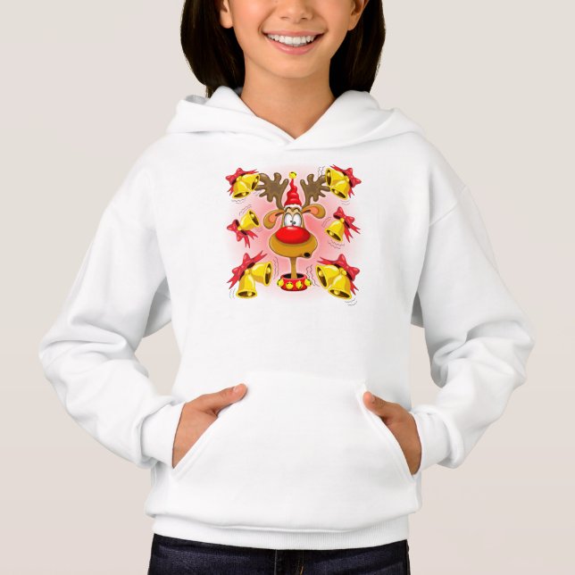 Reindeer Fun Christmas Cartoon with Bells Alarms Hoodie (Front)
