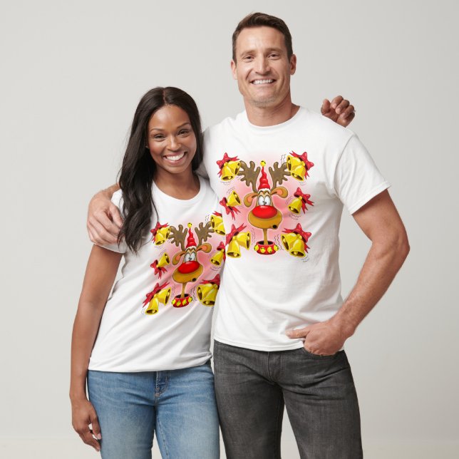 Reindeer Fun Christmas Cartoon with Bells Alarms T-Shirt (Unisex)