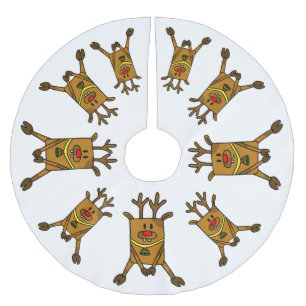 Reindeer Funny Drawing on White Brushed Polyester Tree Skirt