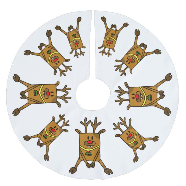 Reindeer Funny Drawing on White Brushed Polyester Tree Skirt (Front)