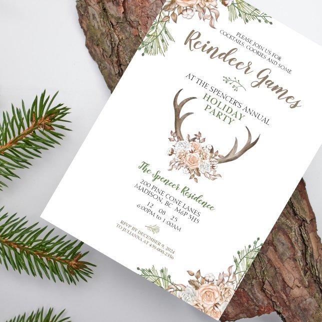 Reindeer Games Holiday Party Invitation (Add a touch of pink and rustic charm with this Cocktails, Cookies and Reindeer Games Holiday Invite)