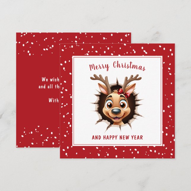 Reindeer Girl breaking through Funny Christmas Card (Front/Back)