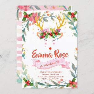 Reindeer Girl Christmas Birthday Invitation