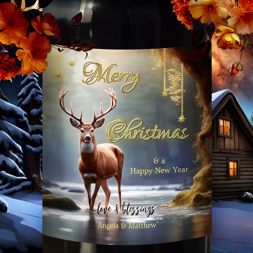 Reindeer Gold Stars Christmas Wine Label