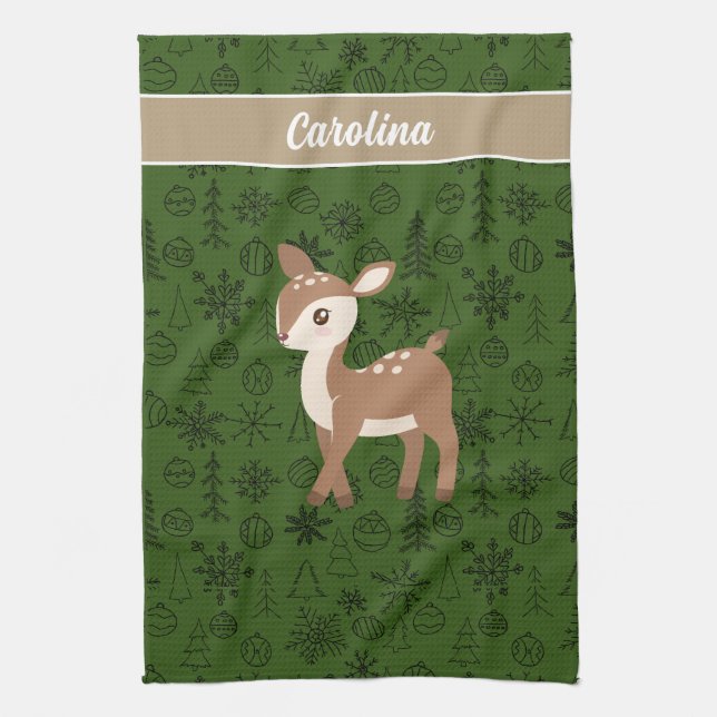 Reindeer - green pattern monogram kitchen towel (Vertical)