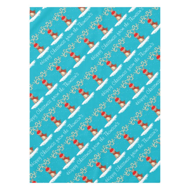 Reindeer Happy Christmas personalized family name Tablecloth (Front)