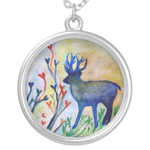 Reindeer Hearts Watercolor Plated Round Necklace