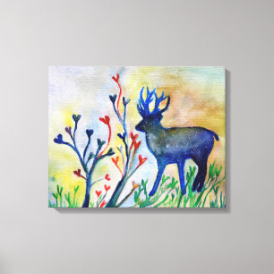 Reindeer Hearts Watercolor Romantic Art Single Canvas Print