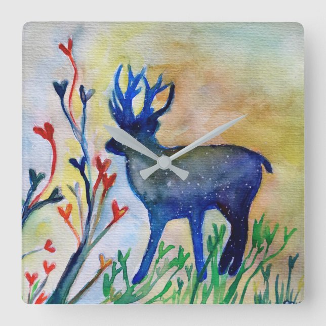 Reindeer Hearts Watercolor Square Wall Clock (Front)