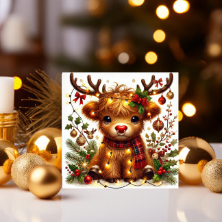Reindeer Highland Cow with Holiday Lights Card