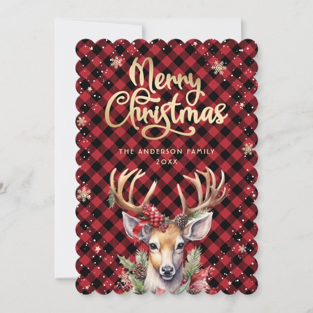 Reindeer Holly Berries Snowflakes Christmas Card (Front)