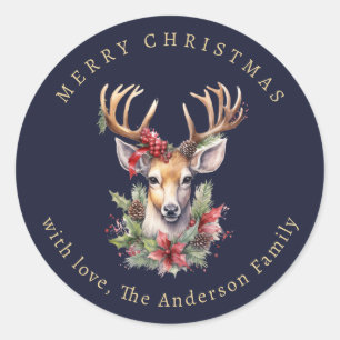 Reindeer Holly Berries Watercolor Christmas Classic Round Sticker