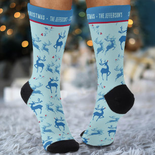 Reindeer holly blue red custom novelty christmas socks