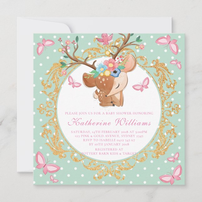 Reindeer Illustration Baby Shower Girl Invitation (Front)