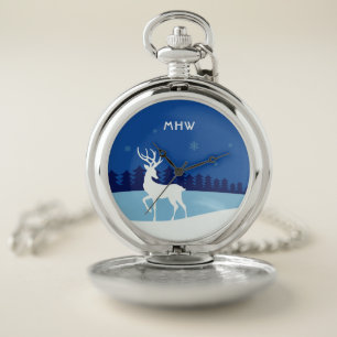 Reindeer illustration custom monogram pocket watch