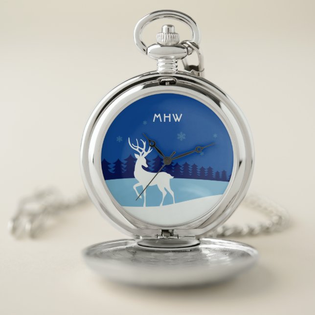 Reindeer illustration custom monogram pocket watch (Inside)
