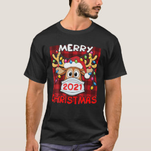 Reindeer In Facemask Red Plaid Merry Christmas 202 T-Shirt
