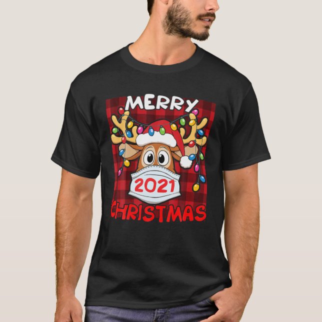 Reindeer In Facemask Red Plaid Merry Christmas 202 T-Shirt (Front)