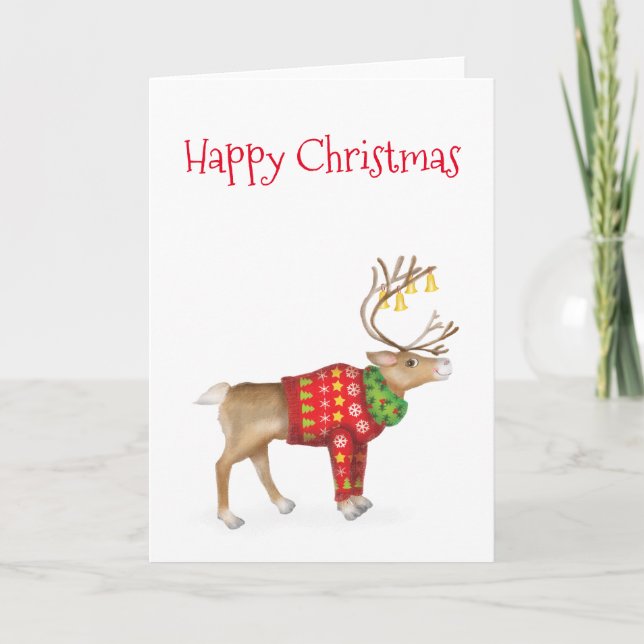 Reindeer in festive jumper Christmas card (Front)