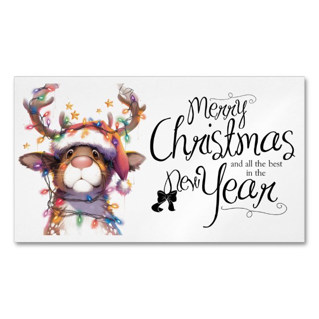 Reindeer in Lights Merry Christmas Happy New Year Business Card Magnet (Front)