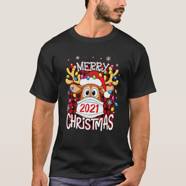 Reindeer In Mask Matching Family Pajama Merry Chri T-Shirt (Front)