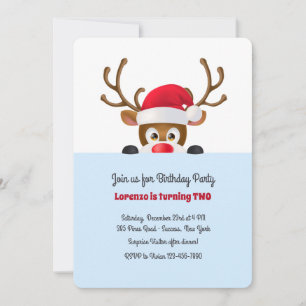 Reindeer in Santa Cap Blue Invitation