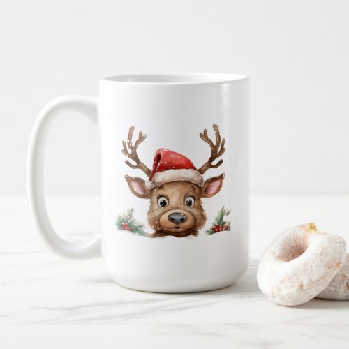 Reindeer in Santa Hat Peeking at You Coffee Mug