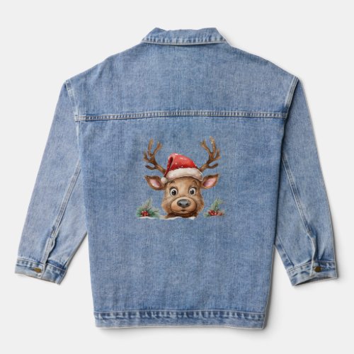 Reindeer in Santa Hat Peeking at You Denim Jacket