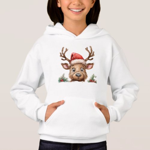 Reindeer in Santa Hat Peeking at You Hoodie