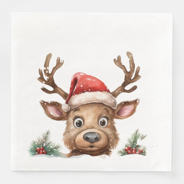 Reindeer in Santa Hat Peeking at You Paper Dinner Napkins (Front)