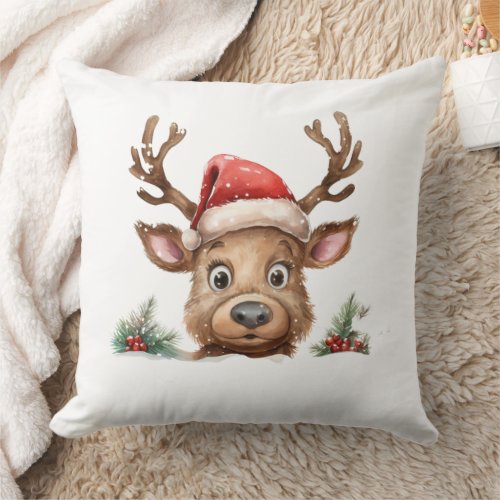 Reindeer in Santa Hat Peeking at You Throw Pillow
