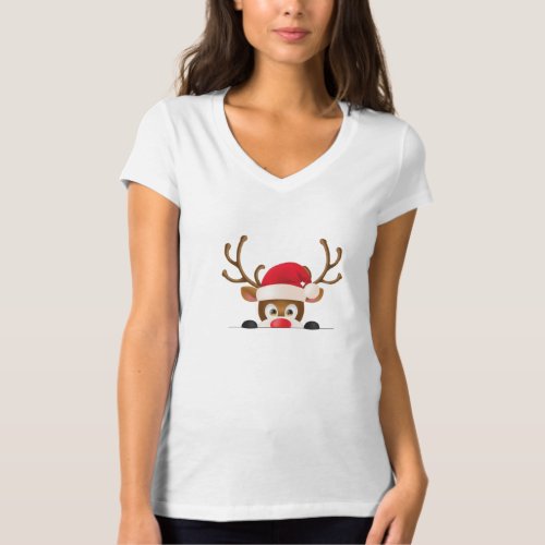 Reindeer in santa hat peeking out T_Shirt
