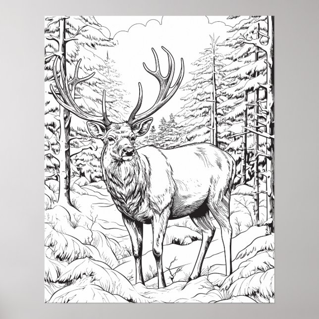 Reindeer in Snowy Woods Coloring Poster (Front)