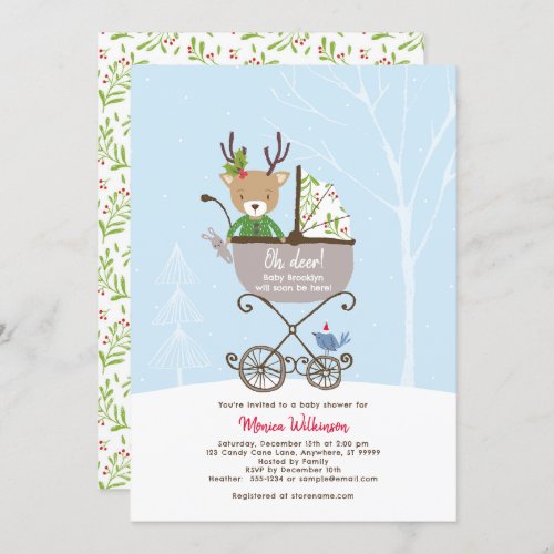 Reindeer in Stroller Winter Holiday Baby Shower Invitation