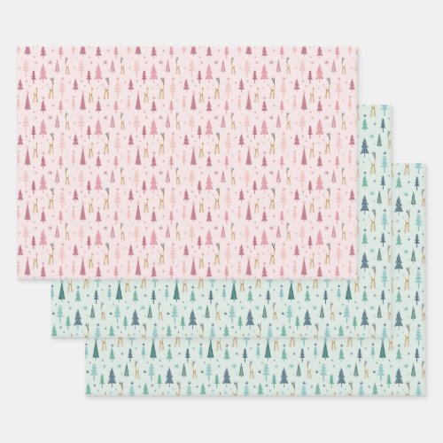 Reindeer in the forest in mint green and pink wrap wrapping paper sheets