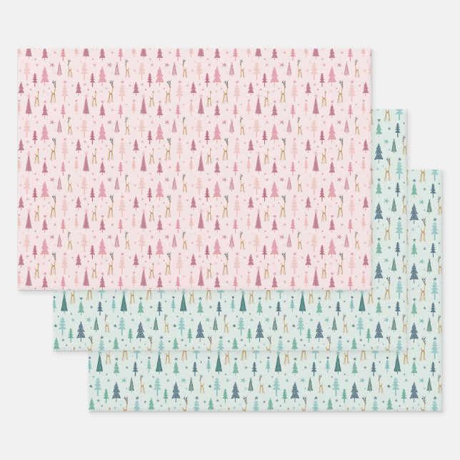 Reindeer in the forest in mint green and pink wrap wrapping paper sheets (Set)
