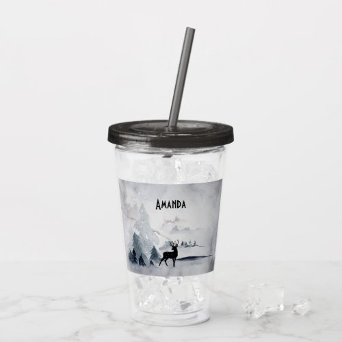 Reindeer in the Wild Gray Watercolor Christmas Acrylic Tumbler