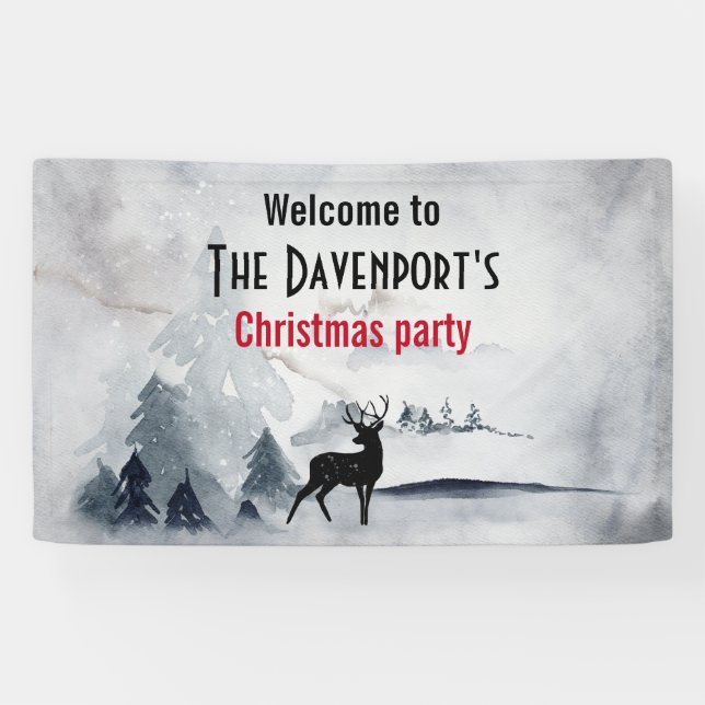 Reindeer in the Wild Gray Watercolor Christmas Banner (Horizontal)