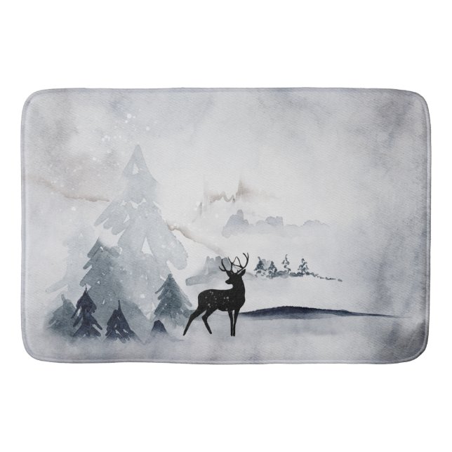 Reindeer in the Wild Gray Watercolor Christmas Bath Mat (Front)