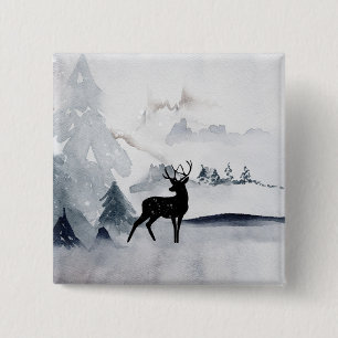 Reindeer in the Wild Gray Watercolor Christmas Button