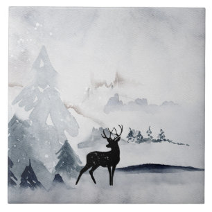 Reindeer in the Wild Gray Watercolor Christmas Ceramic Tile