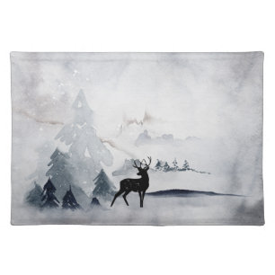 Reindeer in the Wild Gray Watercolor Christmas Cloth Placemat
